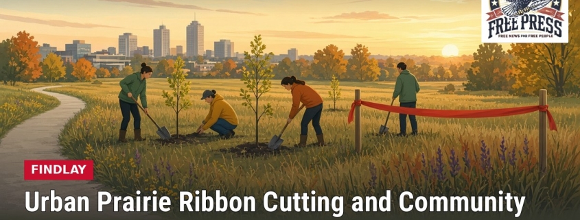Fostoria News Community members planting trees at urban prairie event in Fostoria.